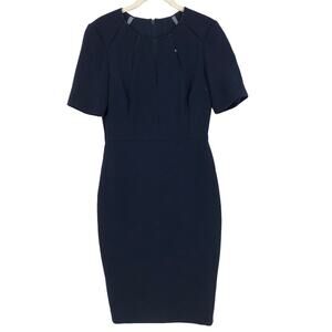Badgley Mischka Sheath Pencil Dress Women's 2 Navy Blue Round Neck Short Sleeve